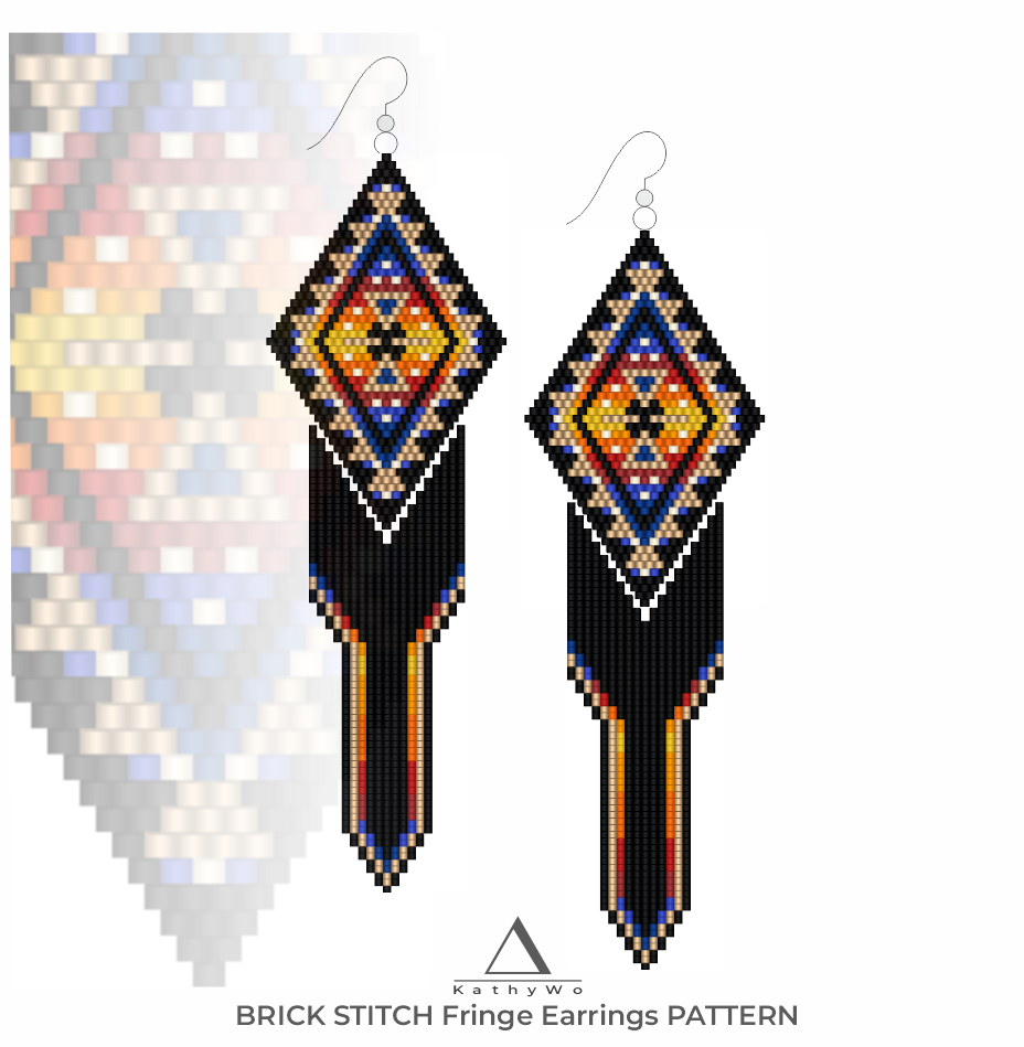 Brick Stitch Earrings with Fringe in Native American Style, Design by KathyWo